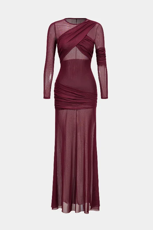Mesh Ruffle Long Sleeve Maxi Dress Trendy Women's 
