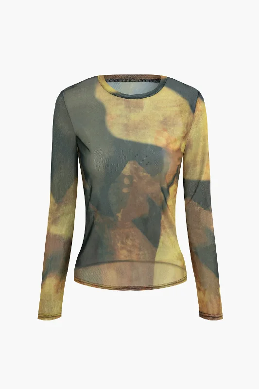 Ombre Print Mesh Round Neck Long-Sleeve Top Artistic Women's Avant - 
