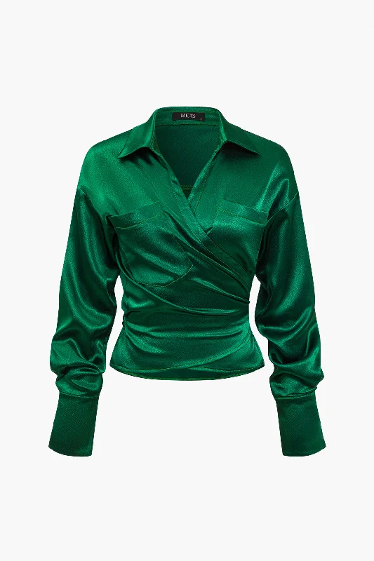 Solid Satin Button Tie-Up Long-Sleeve Shirt Country