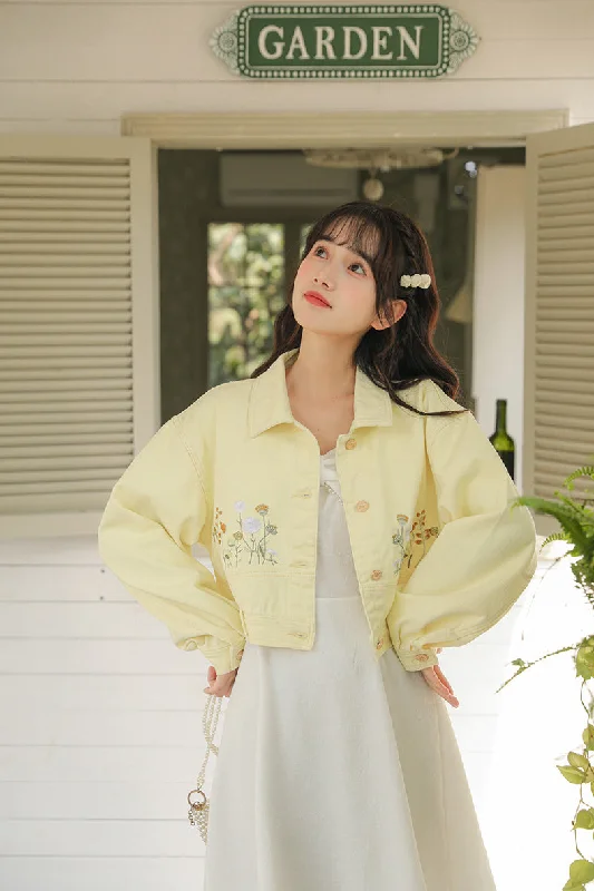 Wildflower Embroidered Cropped Jacket (Yellow) Hip Women's Retro