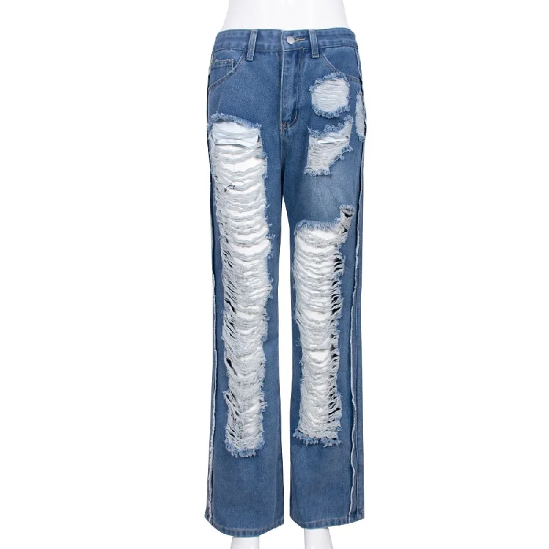 KittenAlarm - Women Fashion Ripped Hollow Out Wide Leg Full Length Jeans 2024 New Summer INS Street Denim Pants Trousers Sophisticated Women's Tailored KittenAlarm - Women Fashion Ripped Hollow Out Wide Leg Full Length Jeans 2024 New Summer INS Street Denim Pants Trousers Sophisticated Women's Tailored