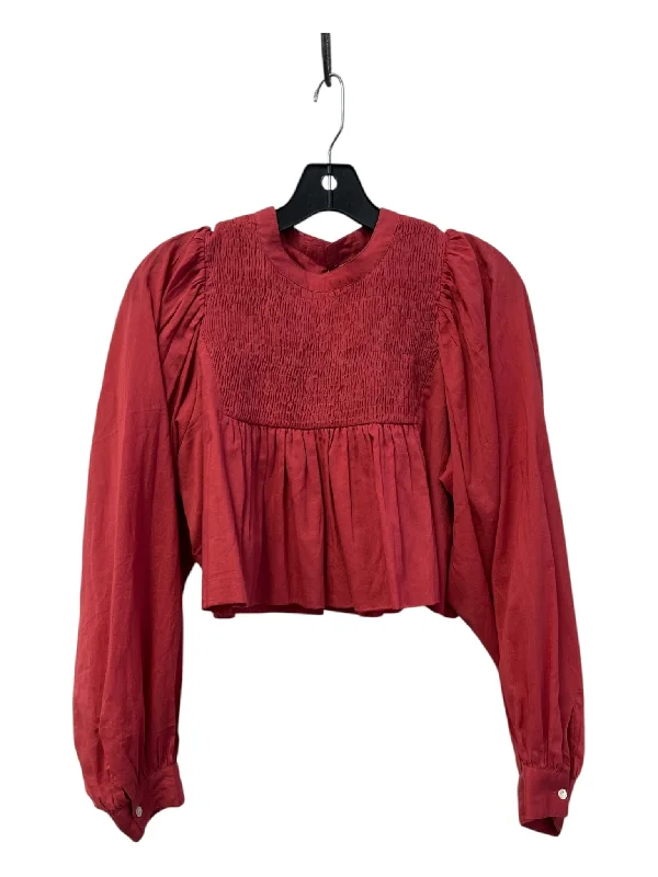 Antik Batik Size S Burgundy Cotton Long Sleeve Keyhole Back Babydoll Crop Top Luxurious Women's High -  end