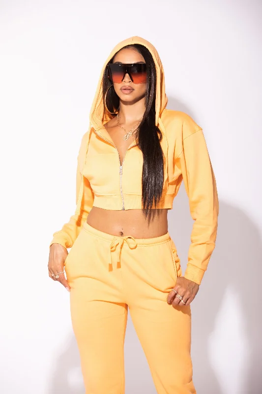 Orange Hooded Cropped Zip Up Jacket Classic Women's Tweed