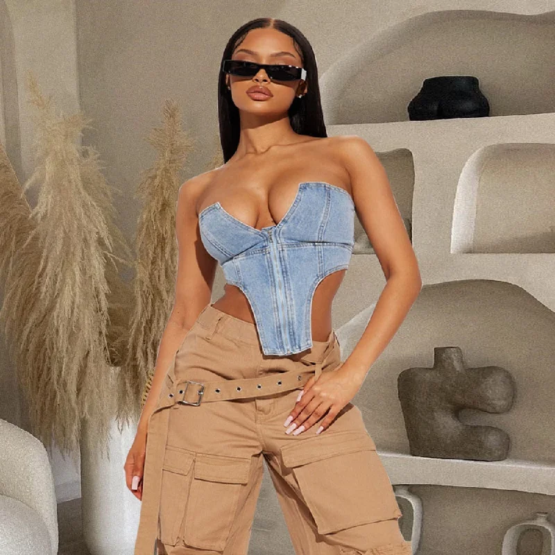 KittenAlarm - Summer New Irregular Strapless Zipper Denim Crop Top Corset Women Blue Jeans Tube Tops Party Clubwear Streetwear Clothes Refined Women's Hand - crafted KittenAlarm - Summer New Irregular Strapless Zipper Denim Crop Top Corset Women Blue Jeans Tube Tops Party Clubwear Streetwear Clothes Refined Women's Hand - crafted