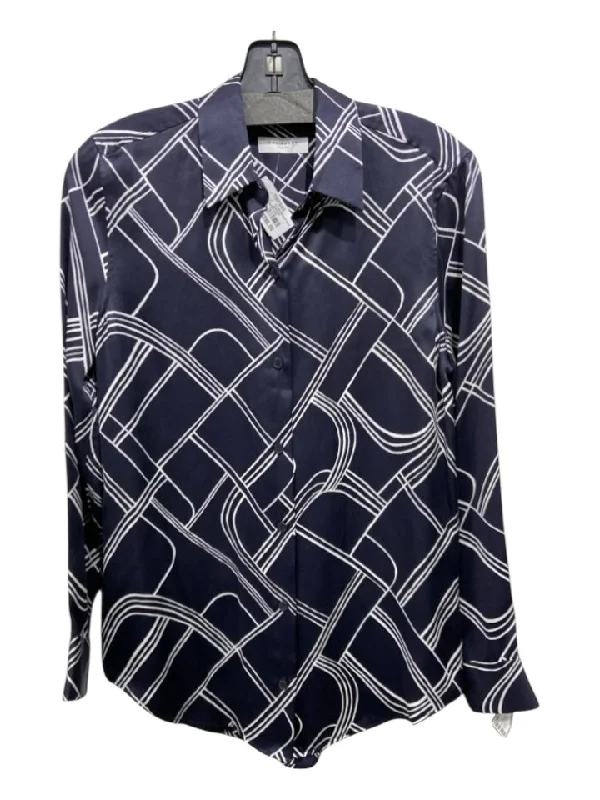 Equipment Size XS Navy Blue & White Silk Abstract Button Up Collar Top Classic Women's Pin - striped