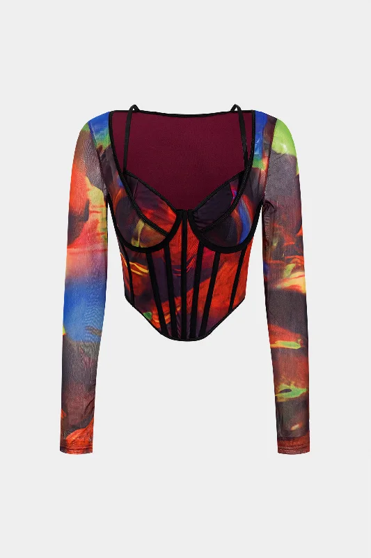 Abstract Print Mesh Patchwork Corset Long-Sleeve Top Scandinavian