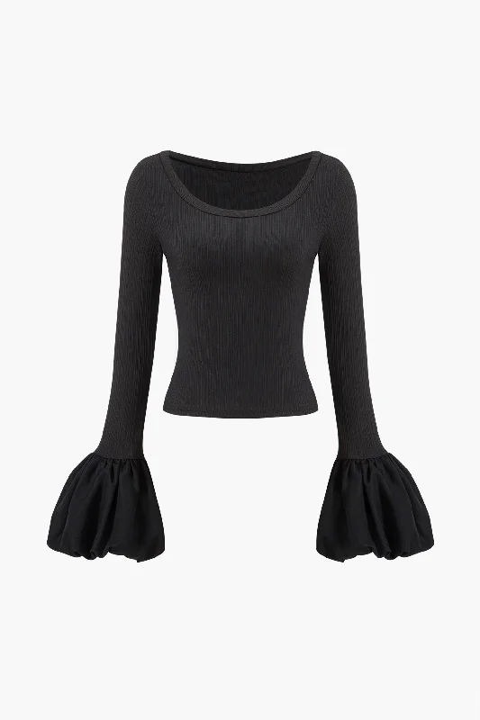 Puff Sleeve Patchwork Long-Sleeve Top Street