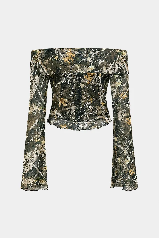 Branch Print Mesh Off Shoulder Long-Sleeve Top Elegant Women's 
