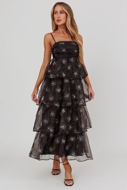 Morina Tiered Maxi Dress Glitter Black Bold Women's Animal Print
