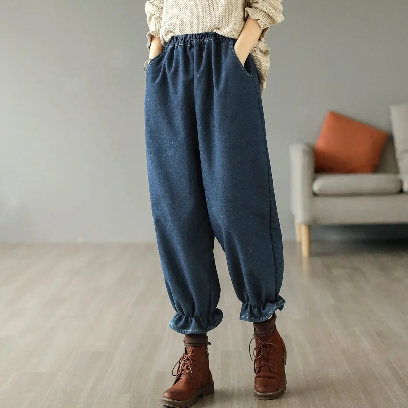 Women Retro Winter Furred Harem Jeans garde