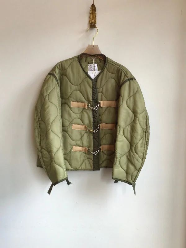 Olive Green Army Liner Quilted Coat w/ Tan Leather & Silver-Tone Clasps (Reworked) Relaxed Women's Beachy