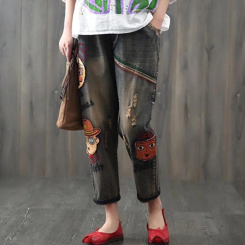 Retro Cartoon Embroidered Cropped Jeans Athletic Women's High - 