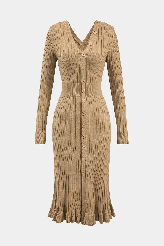Knit Button V-Neck Long Sleeve Dress Gym