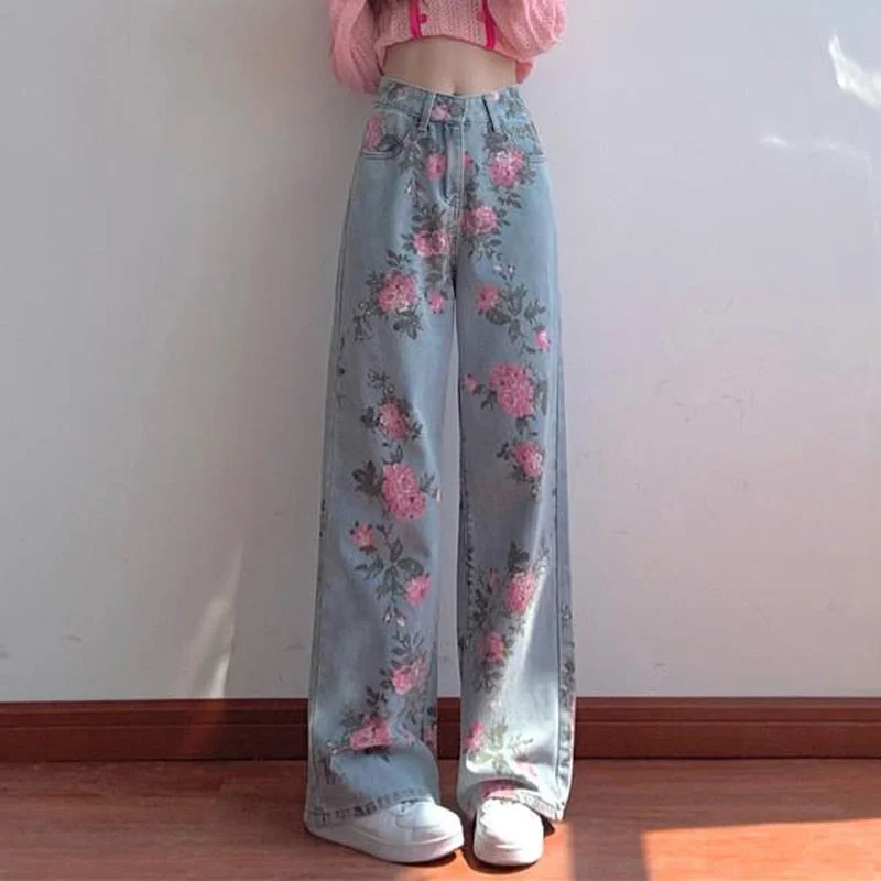 KittenAlarm - High Waist Flower Pattern Wide Leg Jeans Pants Modern Women's 