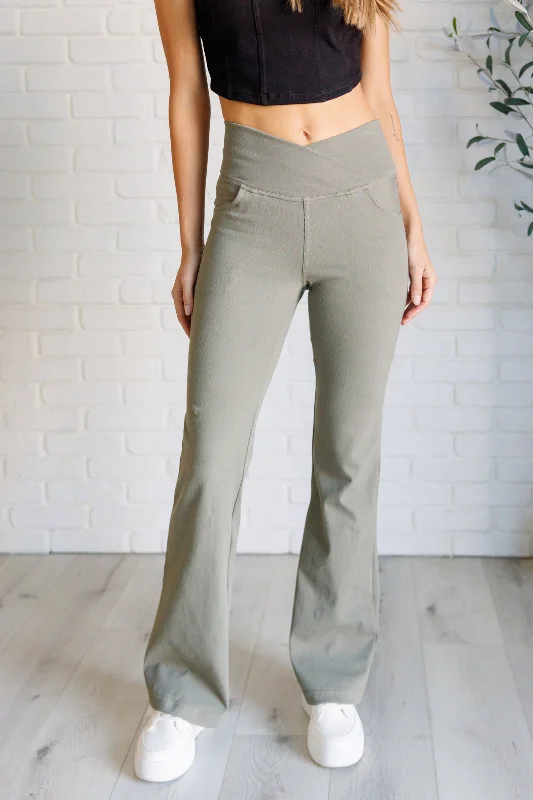 Building Habits Twill Flared Crossover Waist Pant in Dusty Olive Rugged Women's Outdoor Building Habits Twill Flared Crossover Waist Pant in Dusty Olive Rugged Women's Outdoor