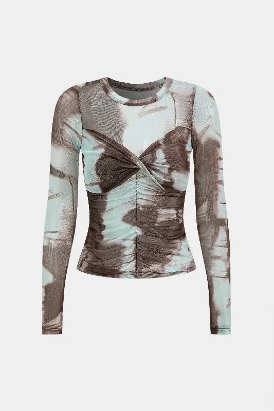 Tie Dye Print Mesh Twist Long-Sleeve Top Confident Women's Power