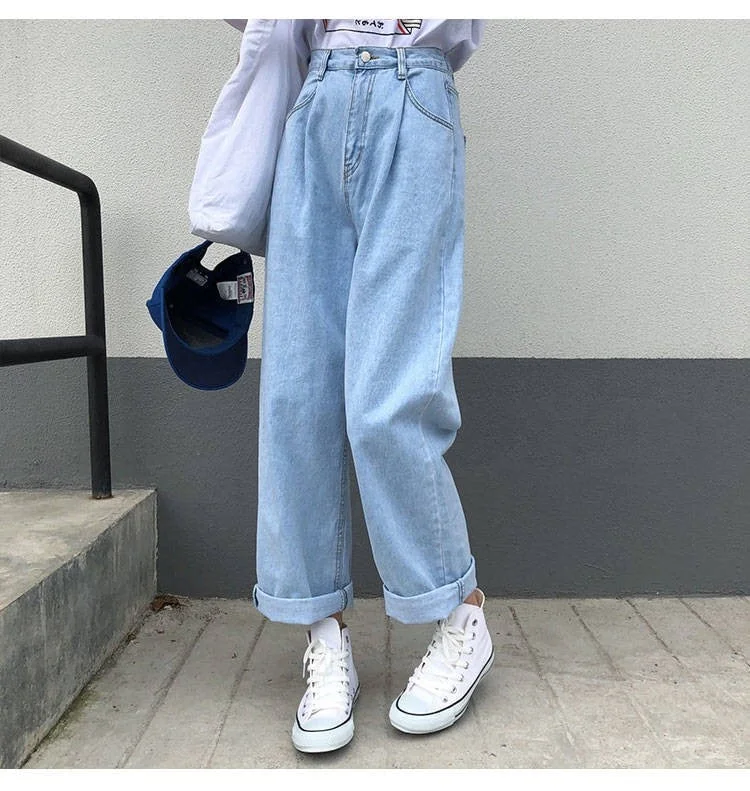 KittenAlarm - Jeans Women Solid Vintage High Waist Wide Leg Denim Trousers Simple Students All-match Loose Fashion Harajuku Womens Chic Casual Artistic Women's Hand - painted