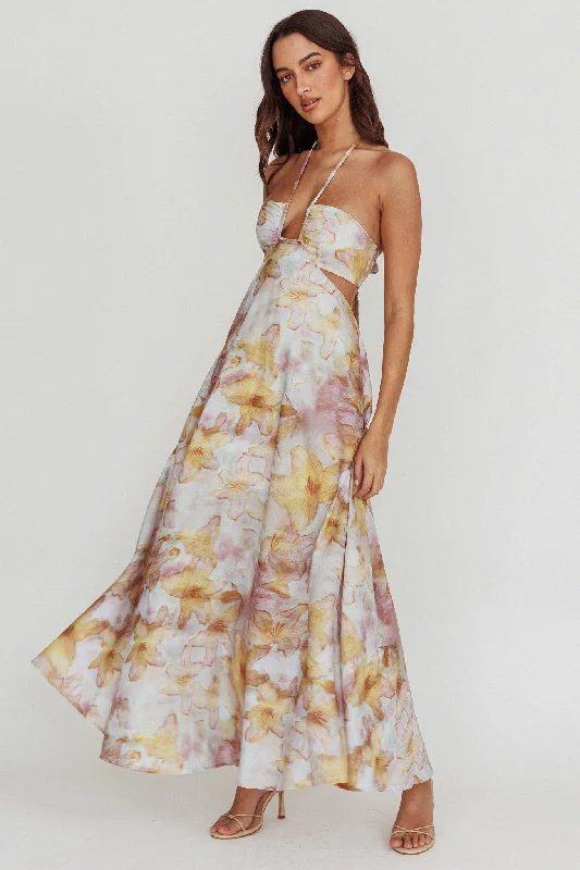 Onika Cut-Out Tied Back Floral Maxi Dress Yellow Classic Women's Pin - striped