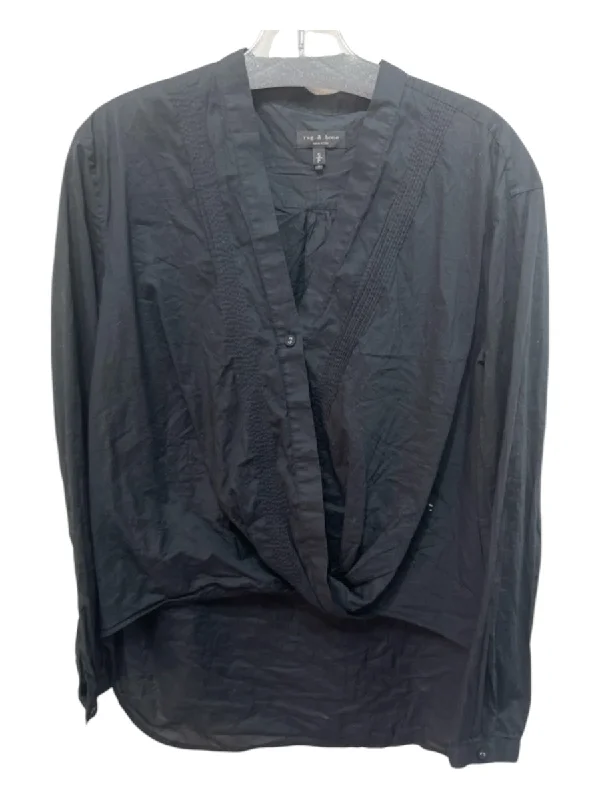 Rag & Bone Size S Black Cotton micropleats hi lo Long Sleeve Top Traditional Women's 