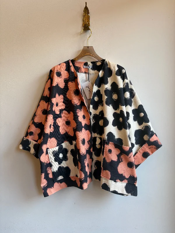 Orange & Black Flower Boxy Jacket w/ Patch Pockets Monochromatic Office Style