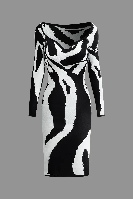 Contrast Knit  Long Sleeve Dress Dynamic Women's High - energy