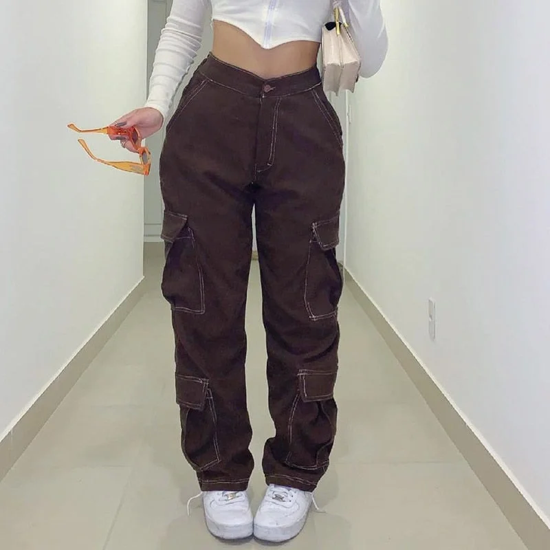 KittenAlarm - Women Spring Fashion Vintage Brown High Waist Cargo Pants Women Fashion Big Pockets Y2k Patchwork Baggy Jeans Women Harajuku Trousers Streetwear Sustainable Organic KittenAlarm - Women Spring Fashion Vintage Brown High Waist Cargo Pants Women Fashion Big Pockets Y2k Patchwork Baggy Jeans Women Harajuku Trousers Streetwear Sustainable Organic