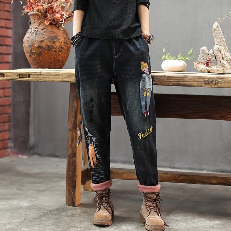 Cartoon Embroidered Plush Warmth Washed Jeans Sustainable Organic
