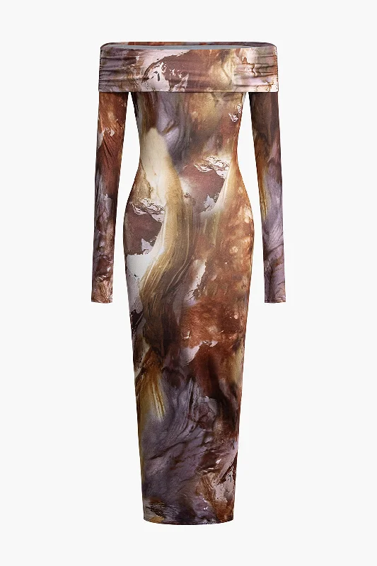 Tie Dye Long Sleeve Off Shoulder Midi Dress Country