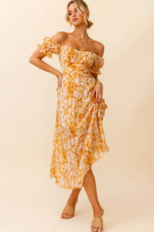 Linka Off-Shoulder Tie Back Midi Dress Printed Orange Practical Women's Multi - 