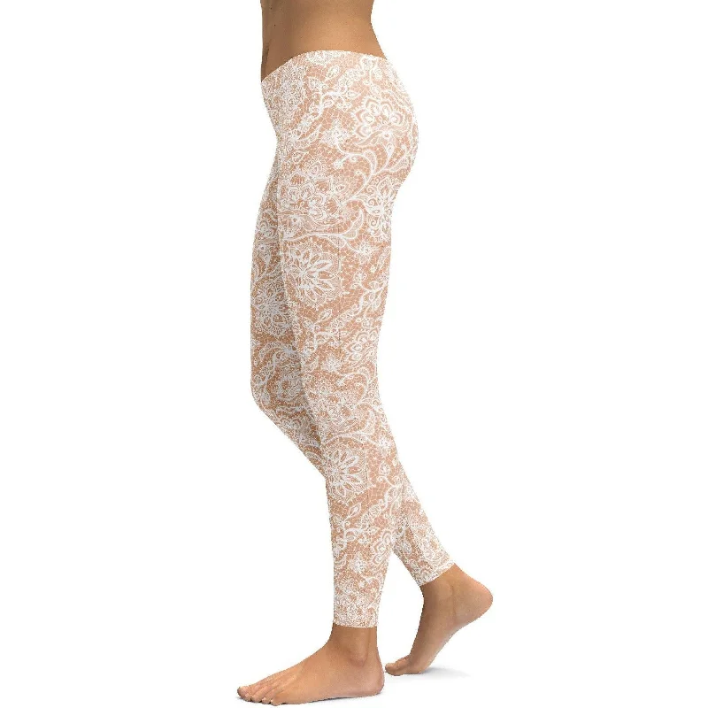 White Faux Lace Leggings Minimalist Women's Casual