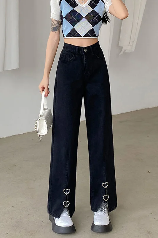 KittenAlarm - High Waist Front Side Split Heart Shape Jeans Pants Modern Women's 