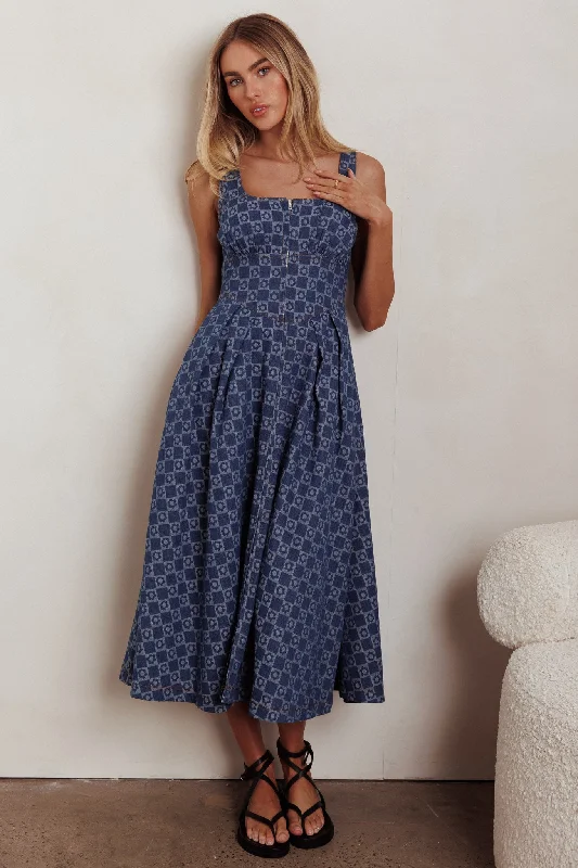 Hair Down Square Neck A-Line Midi Dress Floral Denim Laid - back Women's Style