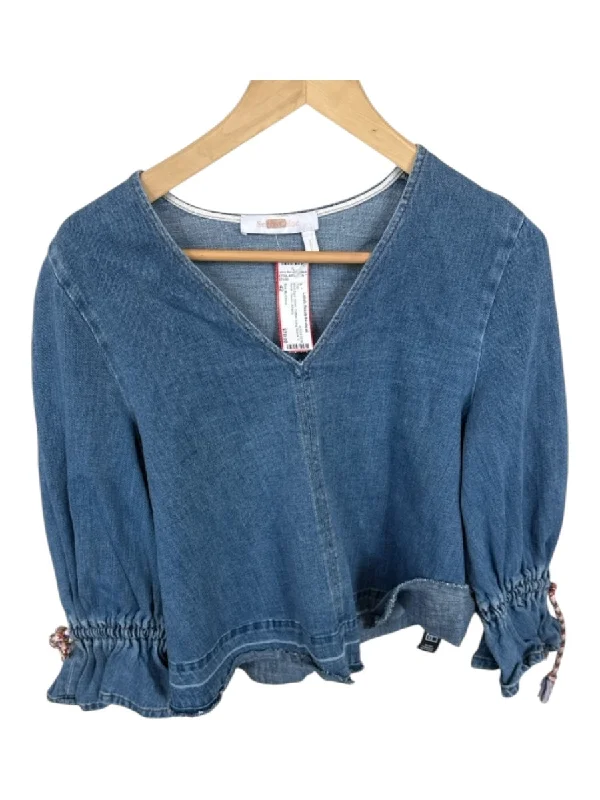 See By Chloe Size 42 Med Dark Wash Cotton Long Sleeve V Neck Denim Top Compression