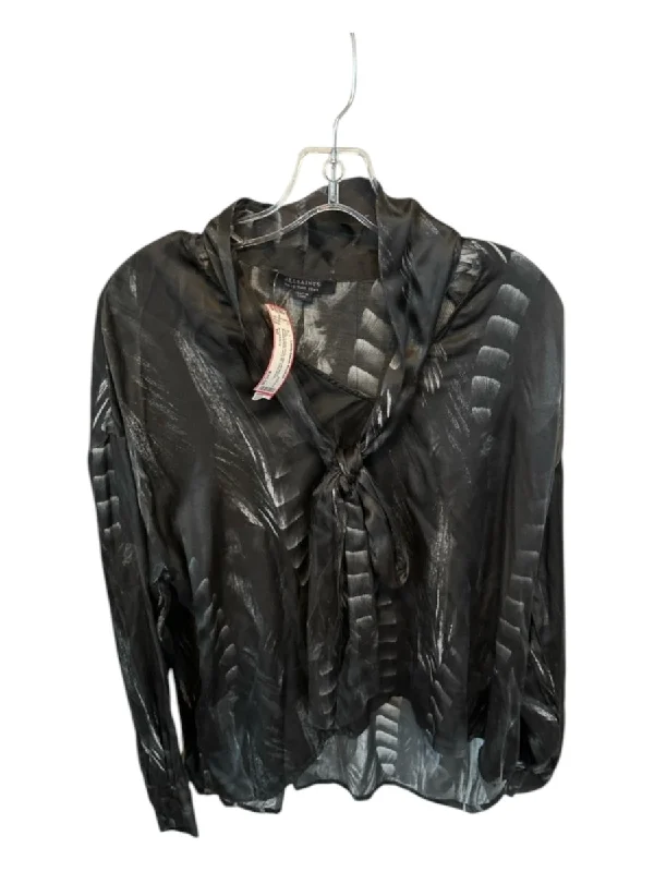 ALLSAINTS Size 10 Black & Gray Print Viscose Blend Abstract Print neck tie Top Luxurious Women's High -  end
