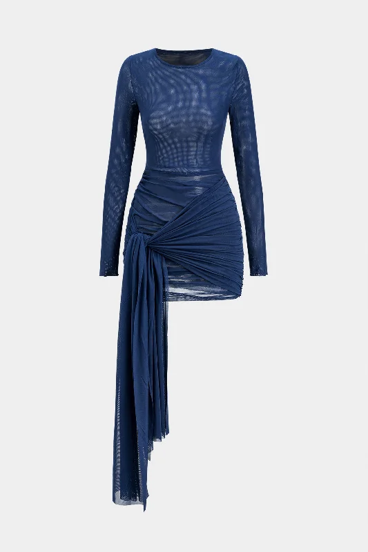 Mesh Tie Front Long Sleeve Mini Dress Unique Women's Upcycled