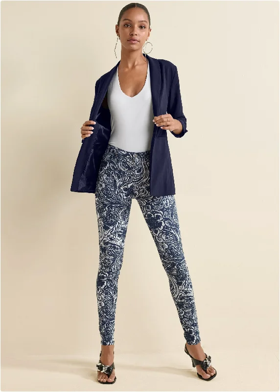 Paisley Print Skinny Jeans - Blue Multi Monochromatic All - in - one