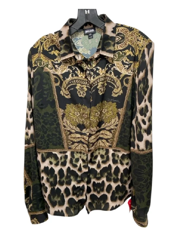 Just Cavalli Size 42 Black, green & yellow Polyester Animal Print Button Up Top Rugged Women's Outdoor 