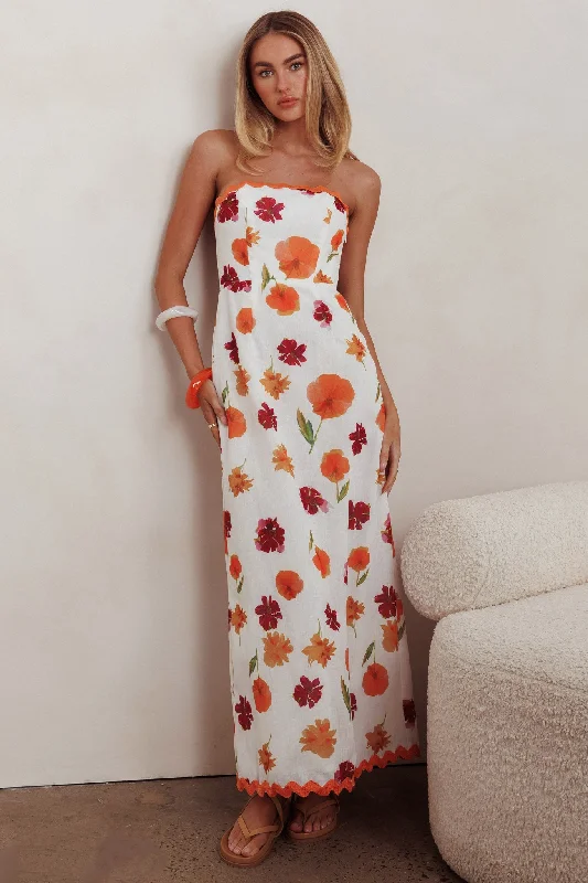 Cypress Ric Rac Trim Floral Strapless Maxi Dress Orange Multi Women