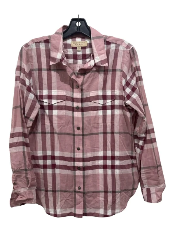Burberry Size Medium Pink, Red, White Cotton Long Sleeve Tartan Plaid Collar Top Elegant Women's 