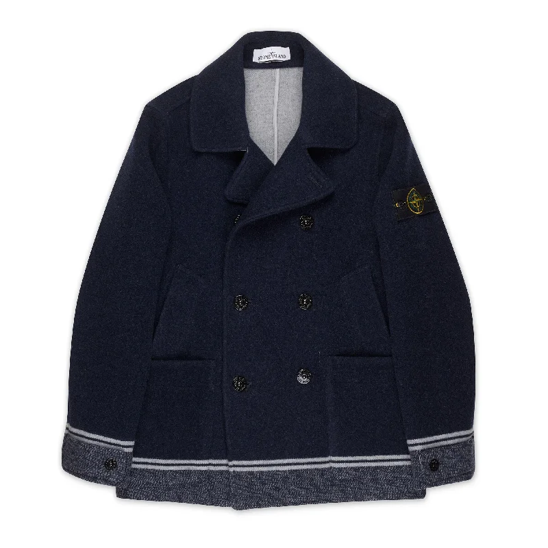 STONE ISLAND PANNO JACQUARD Navy Blue Wool Pea Coat NEW Logo Patch Modern Women's 