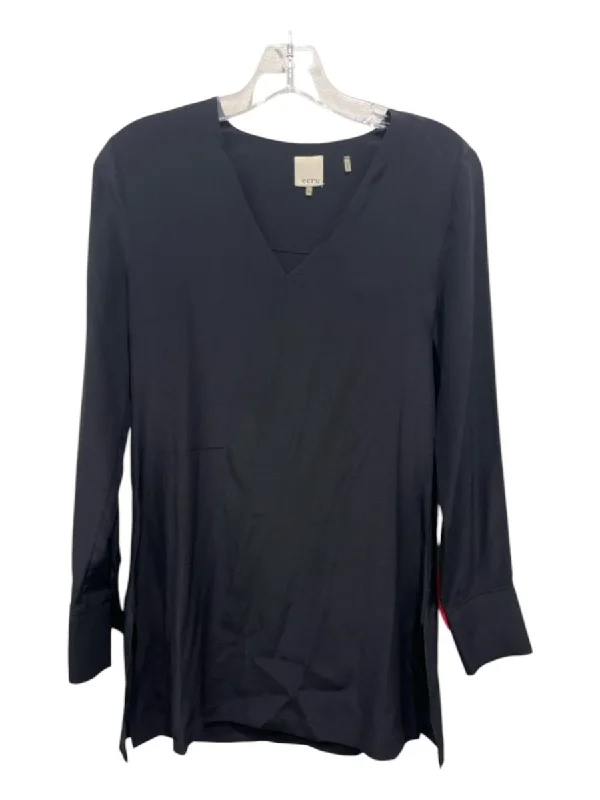 Ecru Size XS Black Silk V Neck Long Sleeve Top Modern Women's 