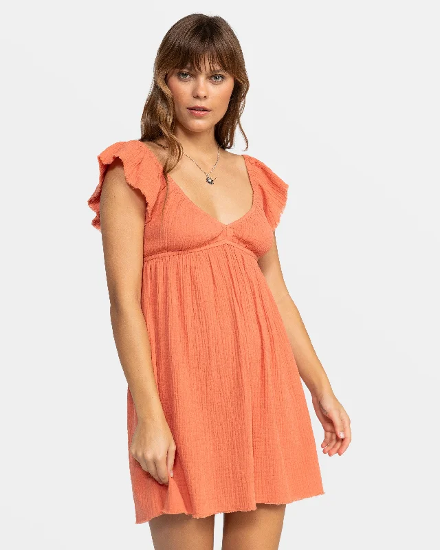 Luna Flutter Sleeves Mini Dress - Apricot Brandy Traditional Women's 