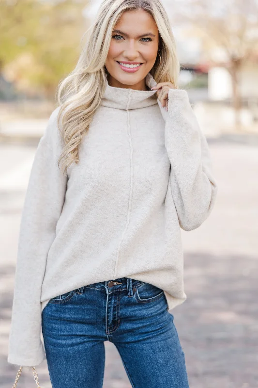 Hear It All Oatmeal Brown Mock Neck Sweater Sleek Women's Metallic