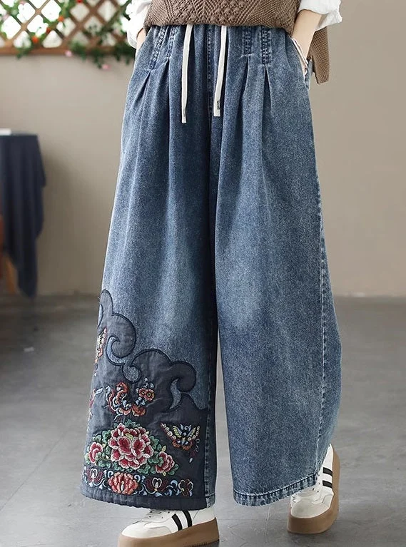 Retro Embroidered Elastic Waist Loose Wide Leg Jeans British Gentlewoman Style