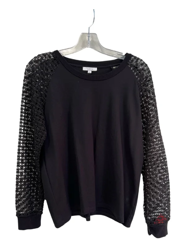 Maette Size L Black Viscose Perforated Long Sleeve Round Neck Pull Over Top Cozy Women's Sherpa - lined