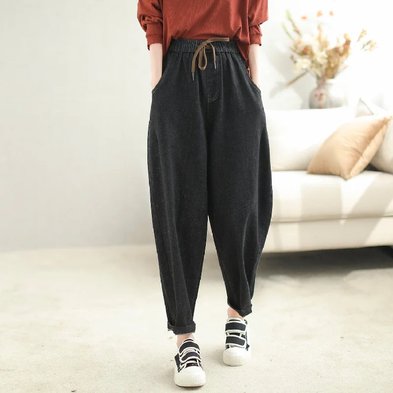 Women Loose Casual Solid Elastic Cotton Jeans Unique Women's Upcycled