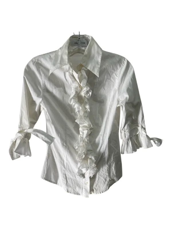 Anne Fontaine Size 36 White Cotton Collar Button Up Ruffle Detail Top Youthful Women's Pop