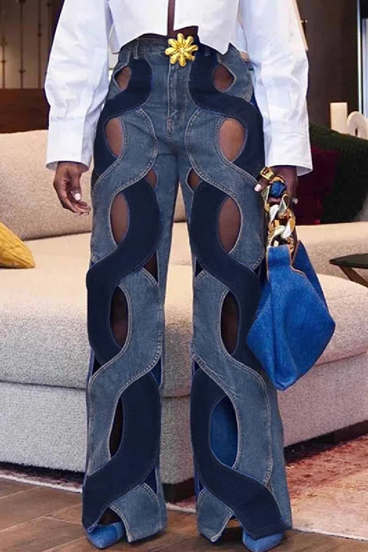 KittenAlarm - Street Solid Hollowed Out High Waist Straight Denim Jeans Practical Women's Quick - dry
