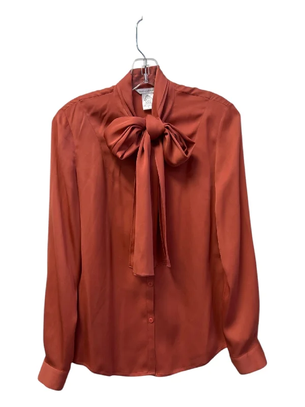 Diane Von Furstenberg Size 4 Salmon Silk Button Up neck tie Long Sleeve Top Stylish Women's Tropical 