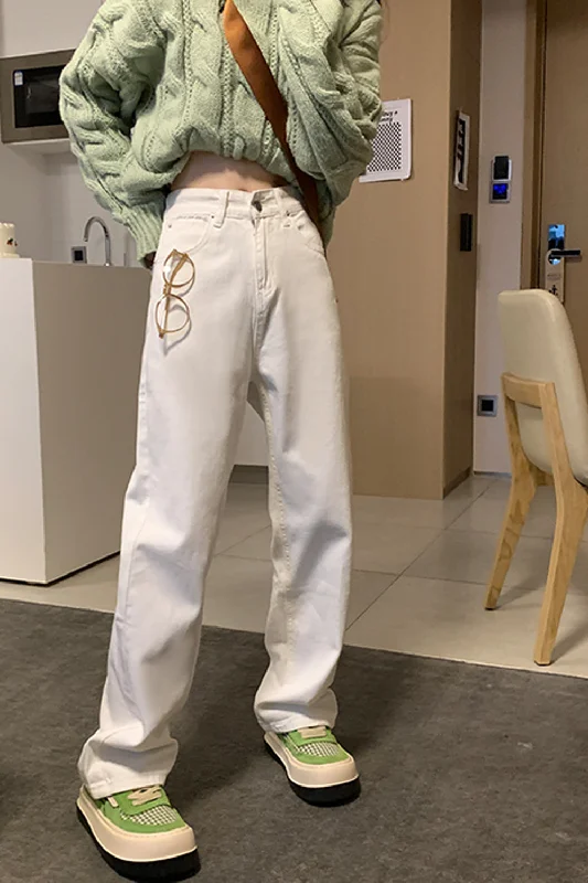 KittenAlarm - High Waist Vintage White Long Jeans Pants Australian Beach